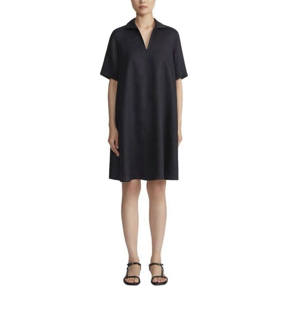Lafayette 148 New York Black Cuffed Short Sleeve Popover Shift Shirt Dress M